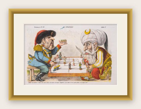 1877 Hand-Colored Russo-Turkish War Caricature by Augusto Grossi, Large Print, shown framed