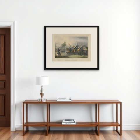 Nicely Hand-Colored Print of a Belgium Army Regiment Riding Horses, 1833, shown framed on a wall