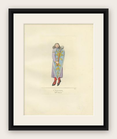 Antique Print of Oliver, a Fictional Knight, by Bonnard '1860', shown framed