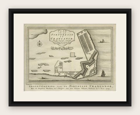 Antique Print of the Fortress Cranganor near Kodungallur in India, 1757, shown framed