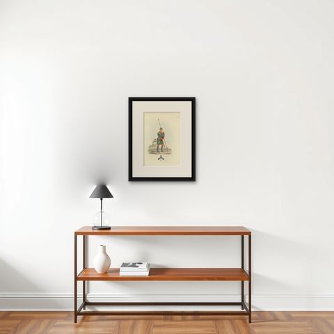Antique Print of a Knight in England or Scotland '1842', shown framed on a wall