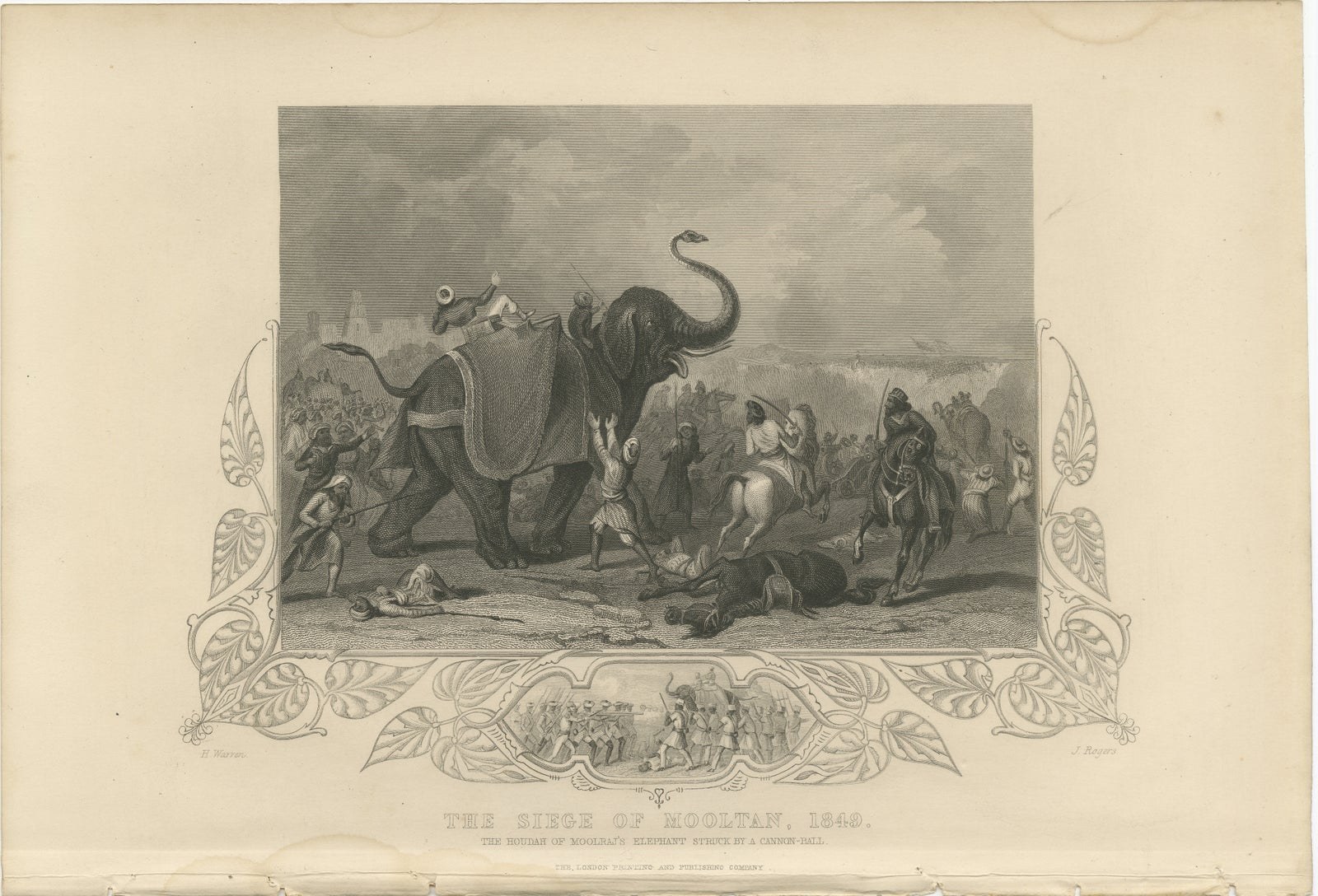 Antique India Battle Print, Siege of Mooltan 1849, Elephant War Scene