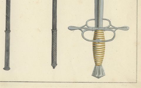 19th-Century Hand-Coloured Lithograph of Swords, Axes, and War Hammers, close-up 1