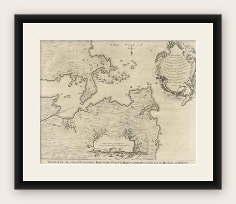 Antique Print of the Battle of Camaret in the Nine Years War, Near Brest, France, shown framed