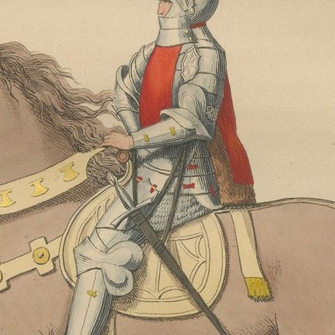 Medieval Knight on Horseback, Elegant Hand-Colored Antique Print, France 1845, close-up 4