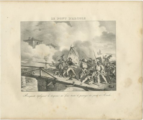 The Bridge of Arcole, the Flag of Lodi, Antique Madou Lithograph, 1827, view 2