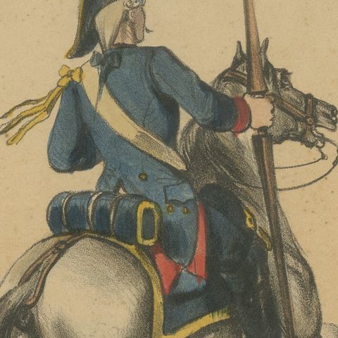 Spanish Cavalry Lithograph by José Rubio y Villegas: Mounted Lancer, 1861, close-up 3