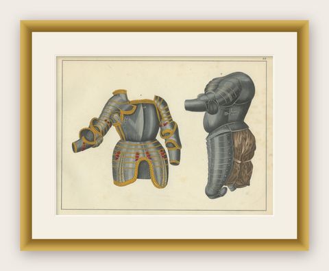 19th-Century Hand-Coloured Lithograph of Ornate Tournament and Plate Armor, shown framed