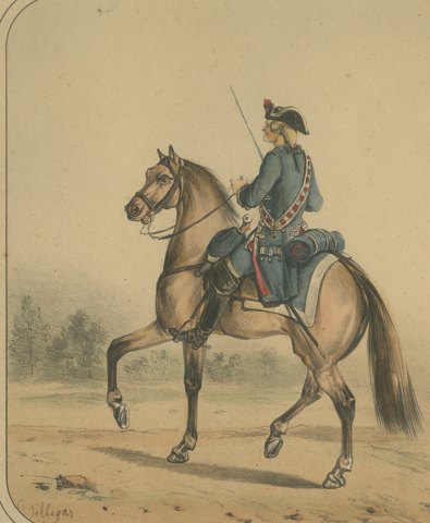 Two Spanish Cavalrymen in Tricorn Hats, Villegas Lithograph, Madrid, 1861, close-up 1