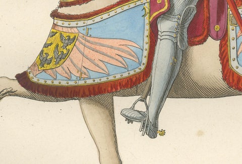 Armored Emperor Maximilian on Horseback in Ornate Renaissance Parade Dress. 1845, close-up 4