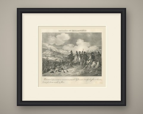 Crossing the Tagliamento, the Line Advances, Antique Madou Lithograph, 1827, shown framed