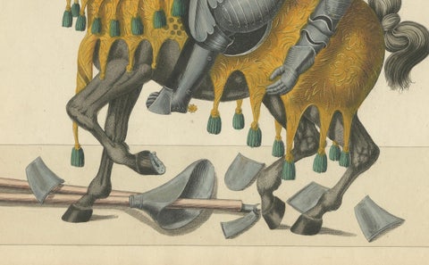 19th-Century Hand-Coloured Lithograph of Fallen Knights and Horses Post-Joust, close-up 1