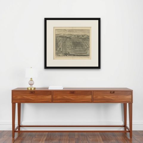 Antique Roman Battle Print of Vercingetorix's Three Camps by Duncan, c.1753, shown framed on a wall