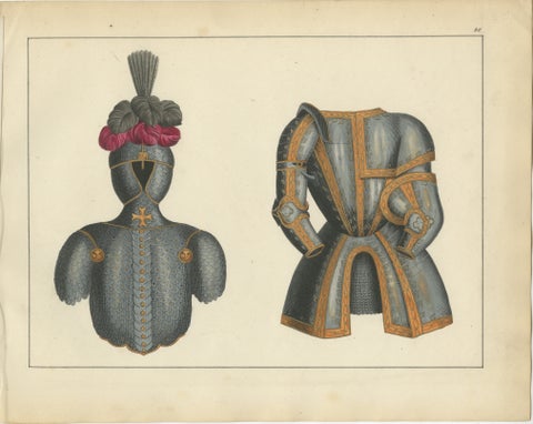 19th-Century Hand-Coloured Print of Ornate Medieval Armor and Tournament Attire, view 2