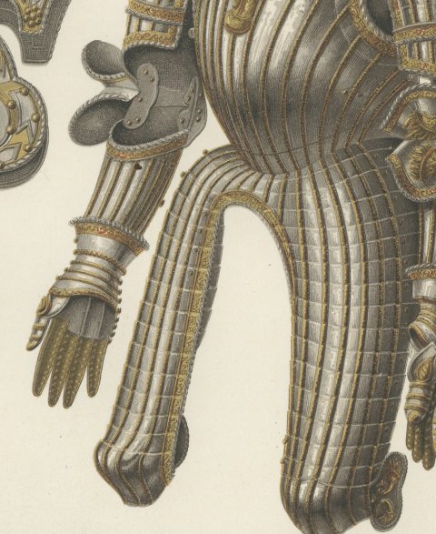 Armor of Charles the Fifth, Morion and Chanfron, Antique Print, 1851, close-up 3