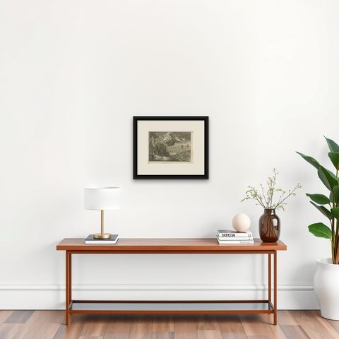 Antique Print of the Battle of Chattam, c.1790, shown framed on a wall