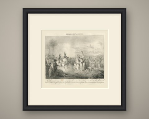 Battle of Aboukir, Napoleon in Egypt, Antique Madou Lithograph, 1827, shown framed