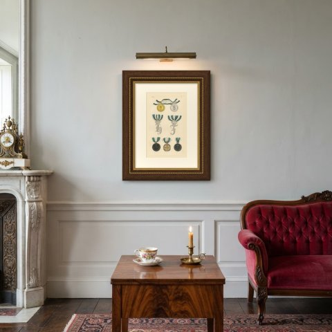 Orders of Anhalt, Monograms and Merit Medals, Plate II, Wood Engraving, 1844, shown framed on a wall