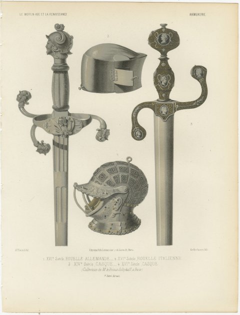 German and Italian Swords and Helmets, Antique Print, 1851, view 2