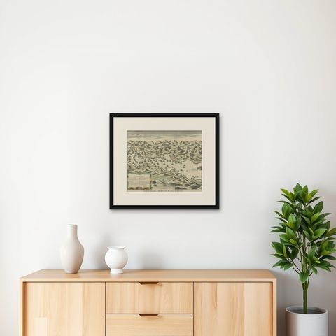 Antique Print of the Battle in 1702 of Vigo Bay or Rande, Galicia, Spain, shown framed on a wall