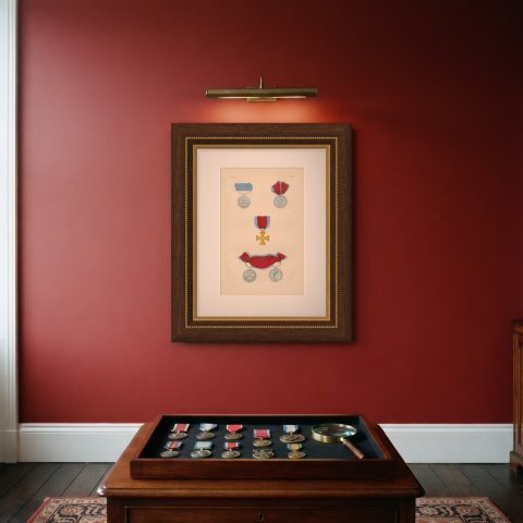 Hanover, Waterloo Medal and Service Medals, Plate XXXIX, Wood Engraving, 1844, shown framed on a wall