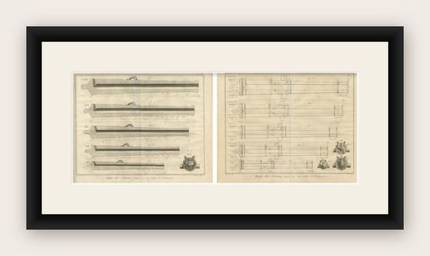 Antique 18th Century Engraving of Cannon Designs and Cross-Sections from Diderot, shown framed