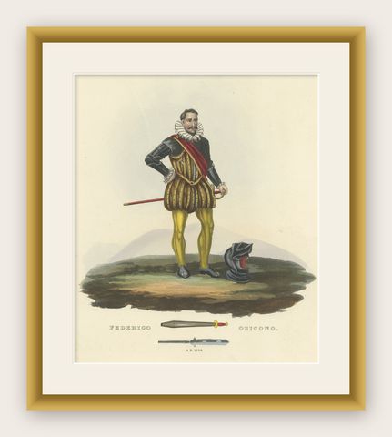 Antique Print of Federigo Oricono, Tournament Baton and Voulge-Blade, 1842, shown framed