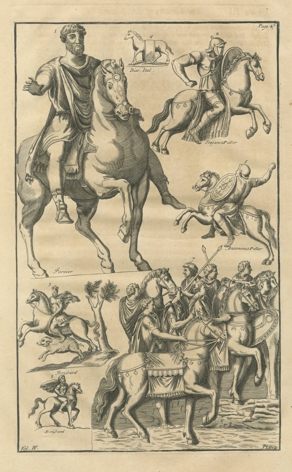 Roman Equestrian Statue and Cavalry Reliefs, Montfaucon Engraving, 1722