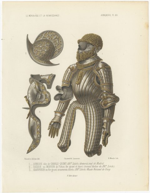 Armor of Charles the Fifth, Morion and Chanfron, Antique Print, 1851, view 2
