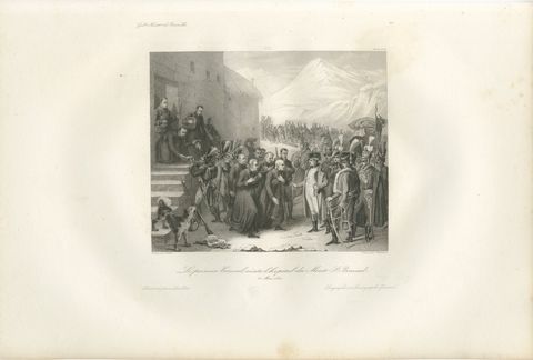 Napoleon Crossing the Great St Bernard Pass, Alpine Campaign Engraving c.1840, view 2