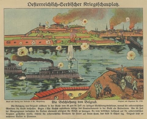 Belgrade Bombardment 1914, Color WWI Battle Print, Austrian-Serbian Front, close-up 1
