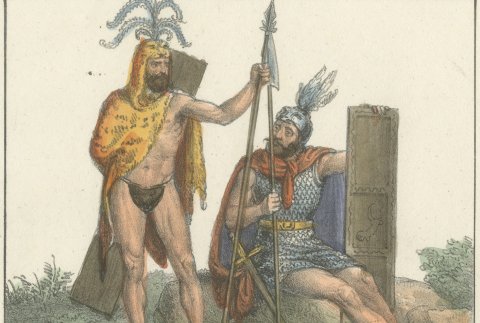 Ancient Germanic Militia and a Mounted Soldier, Hand Colored Lithograph, 1842, close-up 1