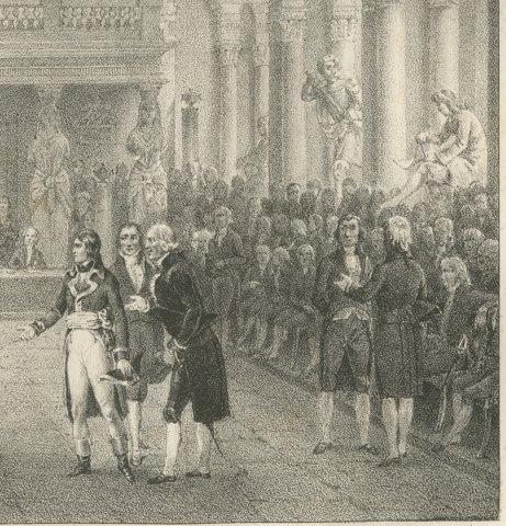Bonaparte Received by the Institut de France, Antique Madou Lithograph, 1827, close-up 2