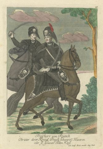 Death's Head Skull Hussars, Freiherr von Ruesch, Hand-Colored Engraving, c.1750, close-up 1