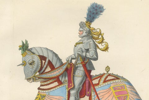 Armored Emperor Maximilian on Horseback in Ornate Renaissance Parade Dress. 1845, close-up 1