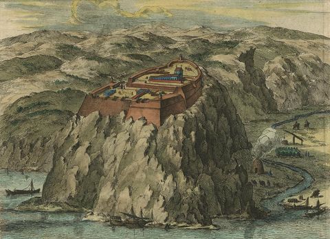 Venetian Fortress Paleokastro on Crete, Antique Print, Hand-Coloured, 1688, close-up 2