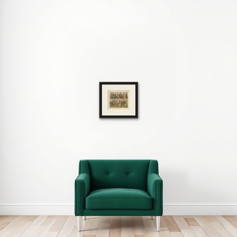 Pl 128 Antique Print of French 18th Century Military Outfits by Racinet, shown framed on a wall
