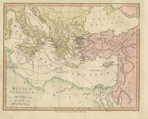 Antique Trojan War Map, Bellum Trojanum Mediterranean, Wilkinson 1815, close-up 2
