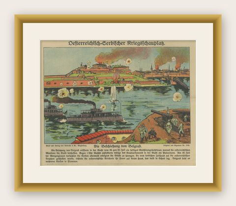 Belgrade Bombardment 1914, Color WWI Battle Print, Austrian-Serbian Front, shown framed