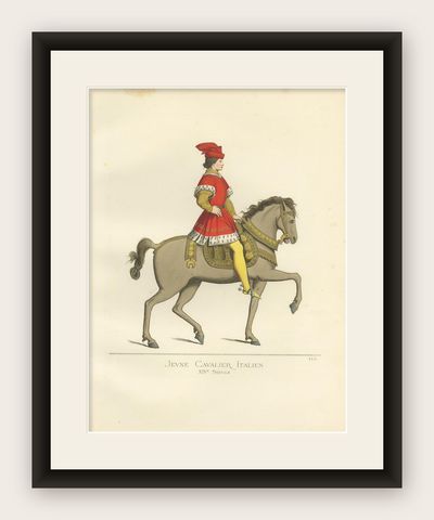 Antique Print of a Young Cavalryman, Italy, 14th Century, by Bonnard, 1860, shown framed