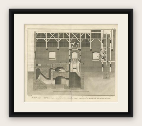 18th Century Cannon Foundry Engraving from Diderot’s Encyclopédie, circa 1770, shown framed