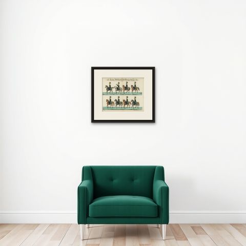 Royal Swedish Dragoon Corps, Cavalry Uniforms, Stockholm, c.1800, shown framed on a wall