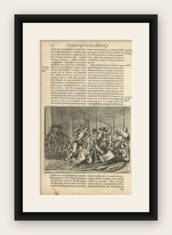 Antique Print of Portugese Soldiers Murdering Ceylon Dignitaries, circa 1672, shown framed