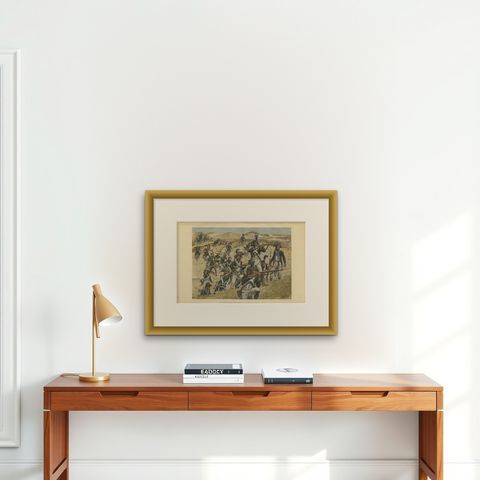 Dutch Infantry Fighting Against the British Army in the Dunes in 1799, shown framed on a wall