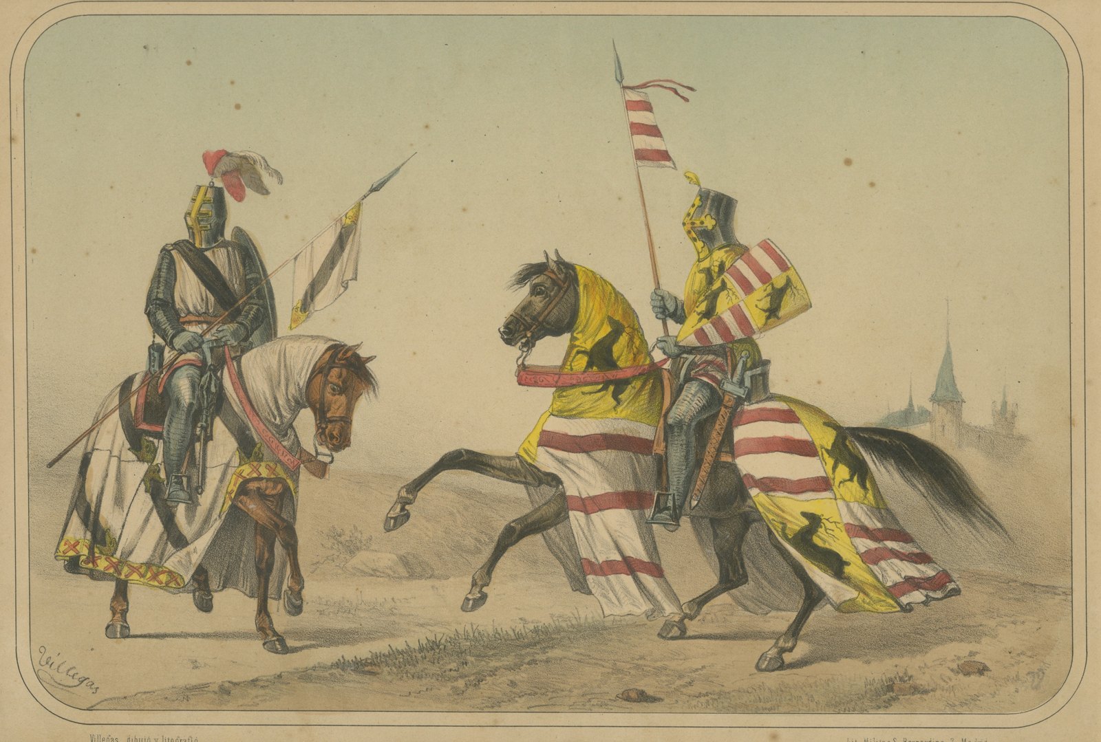 Two Medieval Knights in Heraldic Trappers, Spanish Cavalry Lithograph, 1861