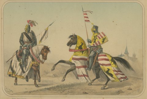 Two Medieval Knights in Heraldic Trappers, Spanish Cavalry Lithograph, 1861