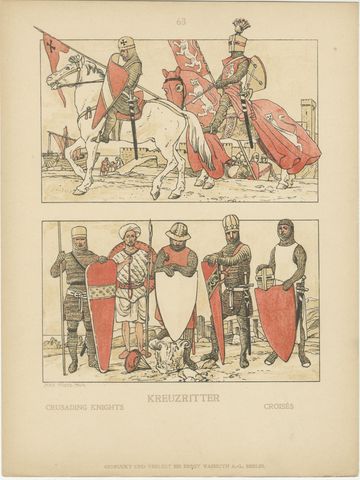 Antique Crusading Knights Plate, Hand-Colored Medieval Print c.1880, view 2