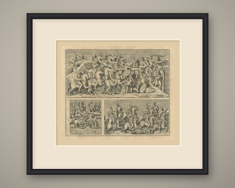 Cavalry Battle and River Crossing with Armored Horsemen, Montfaucon, 1722, shown framed