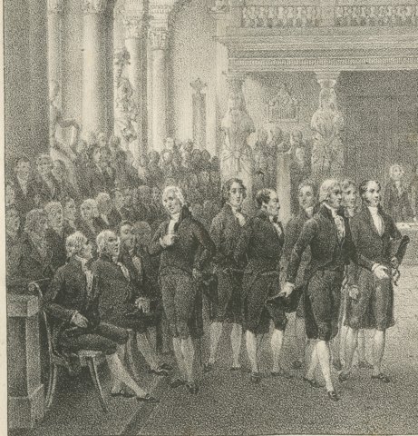 Bonaparte Received by the Institut de France, Antique Madou Lithograph, 1827, close-up 1