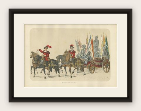 A Triumphal Procession, Captured Banners and Armor of Swiss Victories, 1855, shown framed